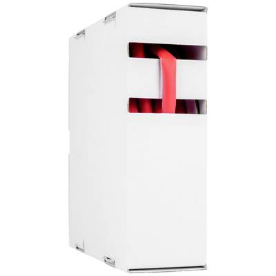 A white cardboard box with two slots, from which a red ribbon protrudes.