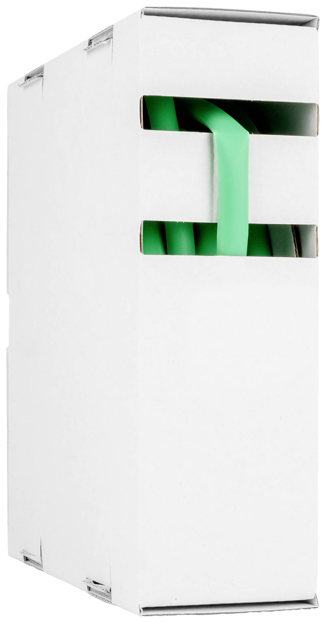 White cardboard packaging with a green plastic roll visible protruding from the opening on the right-hand side.