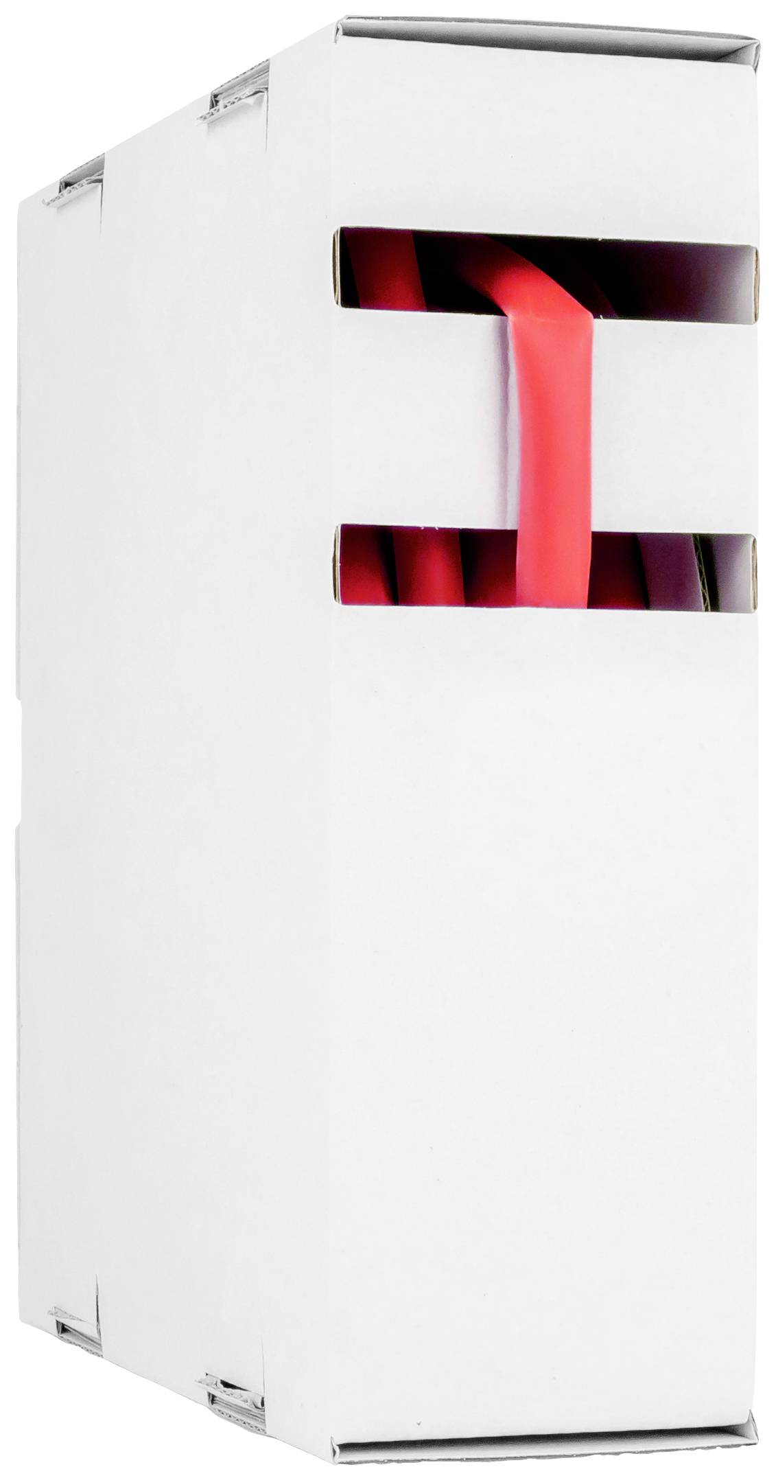 A white cardboard box with two slots, from which red cables protrude.