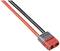 A red and black electrical cable with a grey, rectangular connector shows the side where the cables are inserted into the connector.