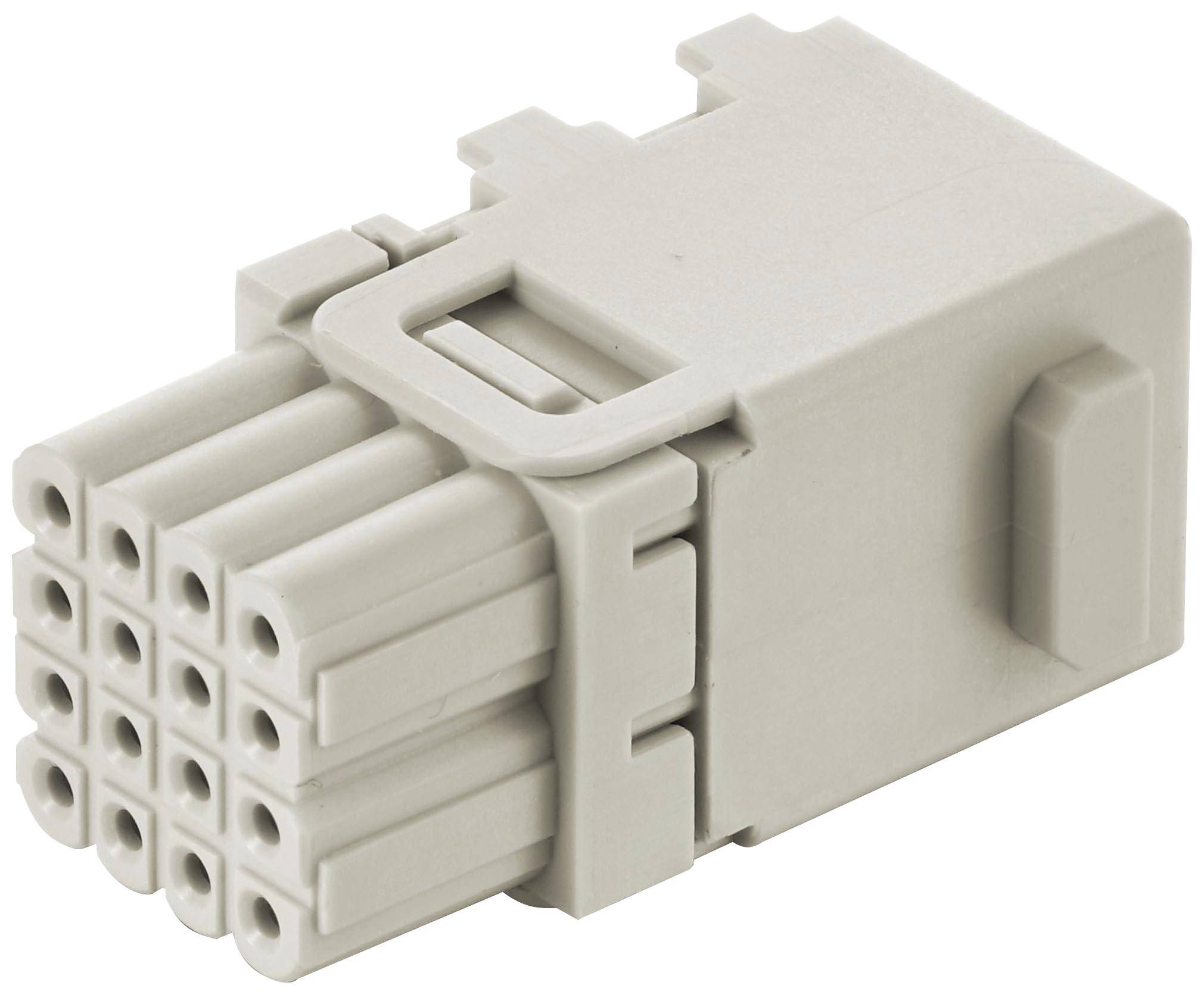 A rectangular, multi-pole plug connector with twelve round socket positions, coloured grey.