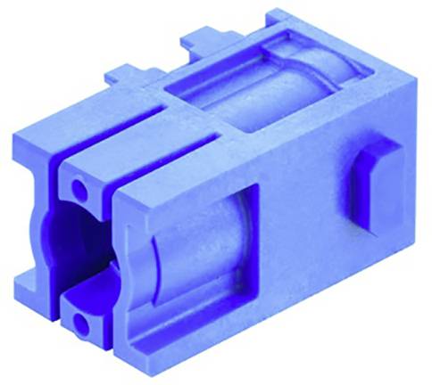 Blue plastic component with rectangular openings and lateral protrusions, potentially a mechanical or technical part.