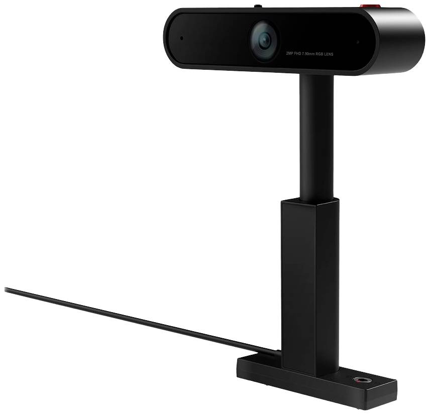 Black webcam on a stand, adjustable, with a long, thin cable. Main lens in the centre, suitable for video calls.