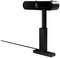 Black webcam on a stand, adjustable, with a long, thin cable. Main lens in the centre, suitable for video calls.