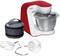 Red kitchen machine with silver mixing bowl. Includes three mixing attachments and a grey bag. Brand is visible.