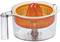 Orange citrus juicer with a transparent container and handle, suitable for pressing citrus fruits, on a white background.