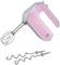 'Pink and white hand mixer with whisk and two dough hooks.'