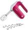 Red electric hand mixer with whisk and dough hook attachments, suitable for mixing and kneading dough and ingredients.