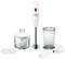 Hand blender set with a blending stick, chopper, measuring jug and whisk attachment, all in white, on a white surface.