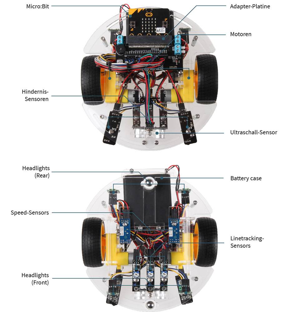 Two technical drawings of a robot with labels such as 'Micro:Bit', 'Motors', 'Obstacle Sensors', and 'Battery Housing'.