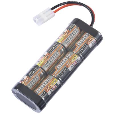 Battery pack with six AA NiMH cells, connected in series, encased in transparent plastic, with connecting cable and plug.