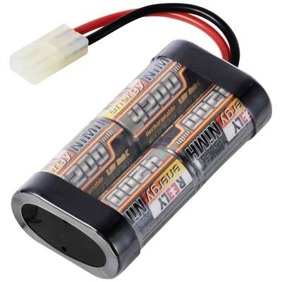 A rechargeable 9.6V NiMH battery with four cells connected in series. Red and black cables terminate in a white connector.