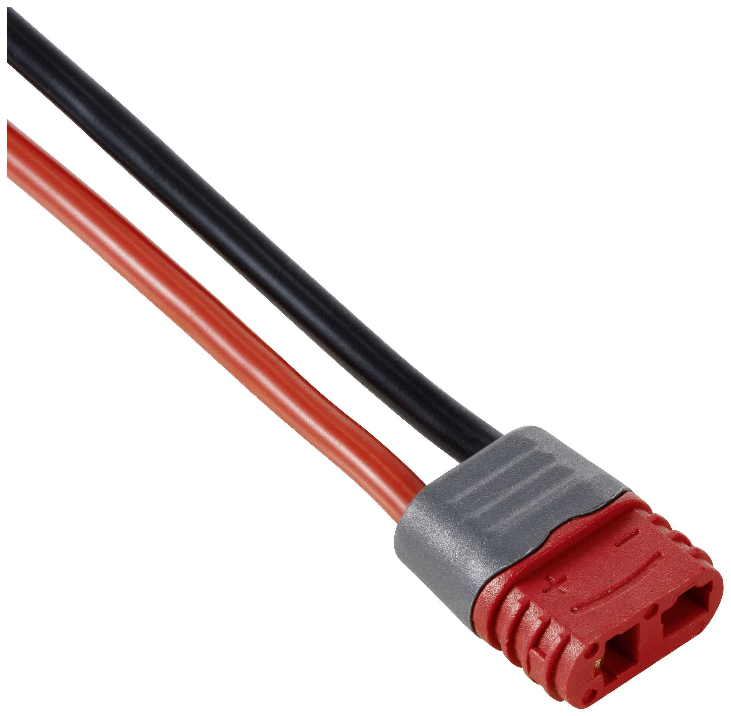 Cable with a grey plug connecting two red and black wires, suitable for electronic or battery connections.
