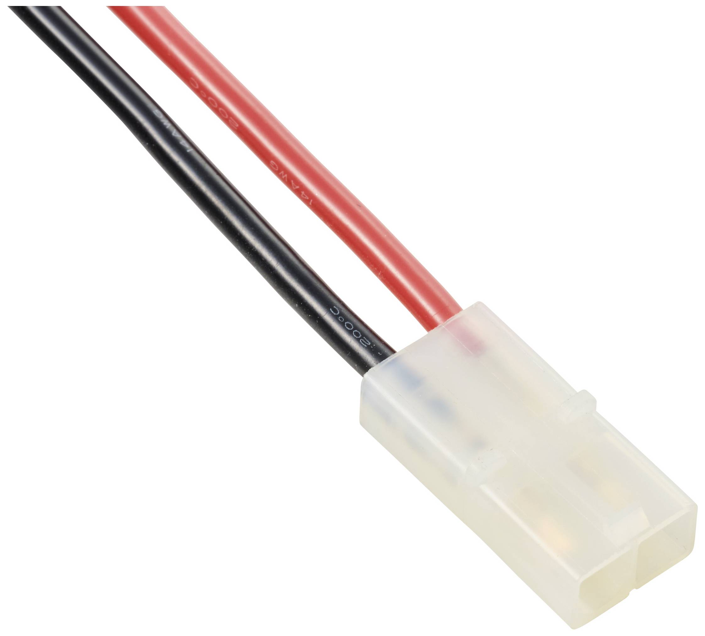 Two-core cable connection with a red and black cable, terminating in a white plastic plug.