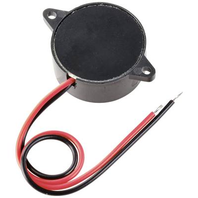 Small, black electronic buzzer with two connection wires, red and black.