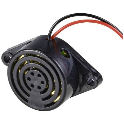 A round, black piezo buzzer with red and black cables for electrical circuits.