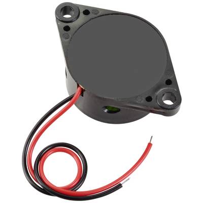 A small, round speaker with black and red cables for electrical connection.