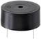 Black, cylindrical piezo buzzer with two metal pins at the base, typically used in electronic devices for sound signalling.
