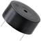 A black, cylindrical piezo speaker with two metal terminals. It is used for acoustic signals in electronic devices.