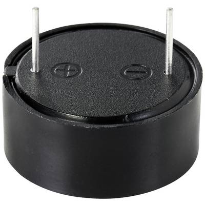 A round piezo buzzer with two metal terminals on the top surface, marked with plus and minus symbols to indicate polarity.