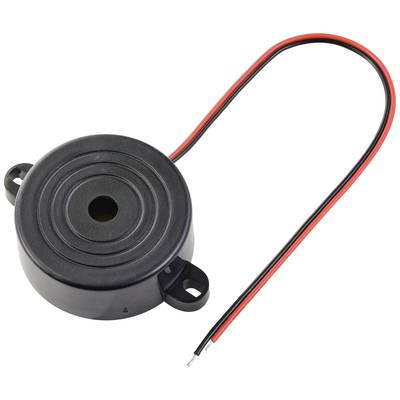 'Black piezo summer with red and black cable, for generating acoustic signals in electronic devices.'
