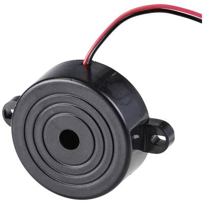 A black, round piezo buzzer with two mounting tabs and red and black connection wires for electrical signalling purposes.