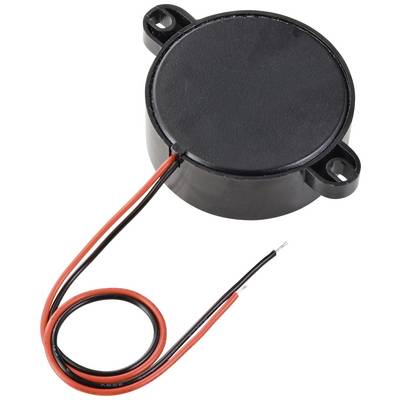 Electronic buzzer with a round, black housing and two cables, one red and one black.