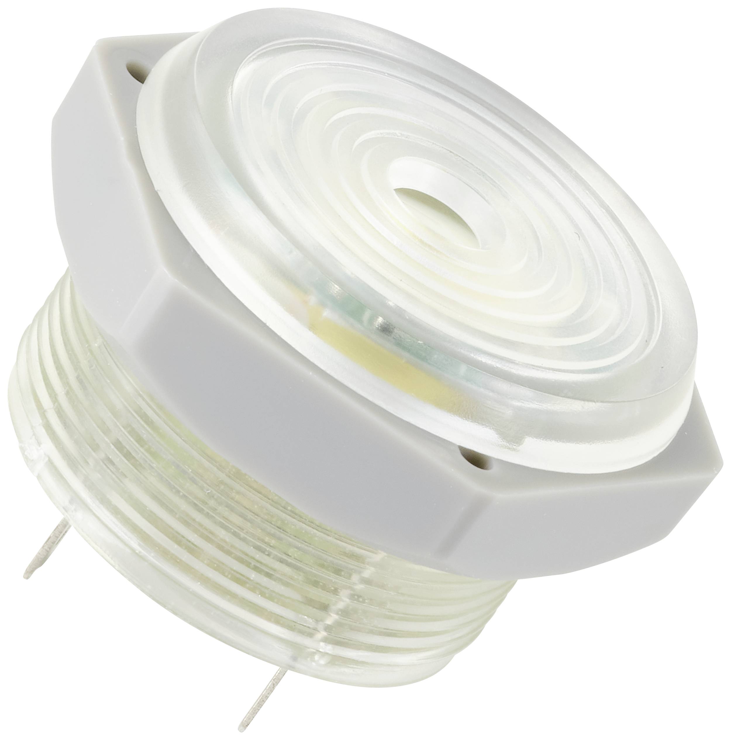 A round, transparent LED light module with two metal pins at the bottom. It has a ribbed, translucent plastic body.