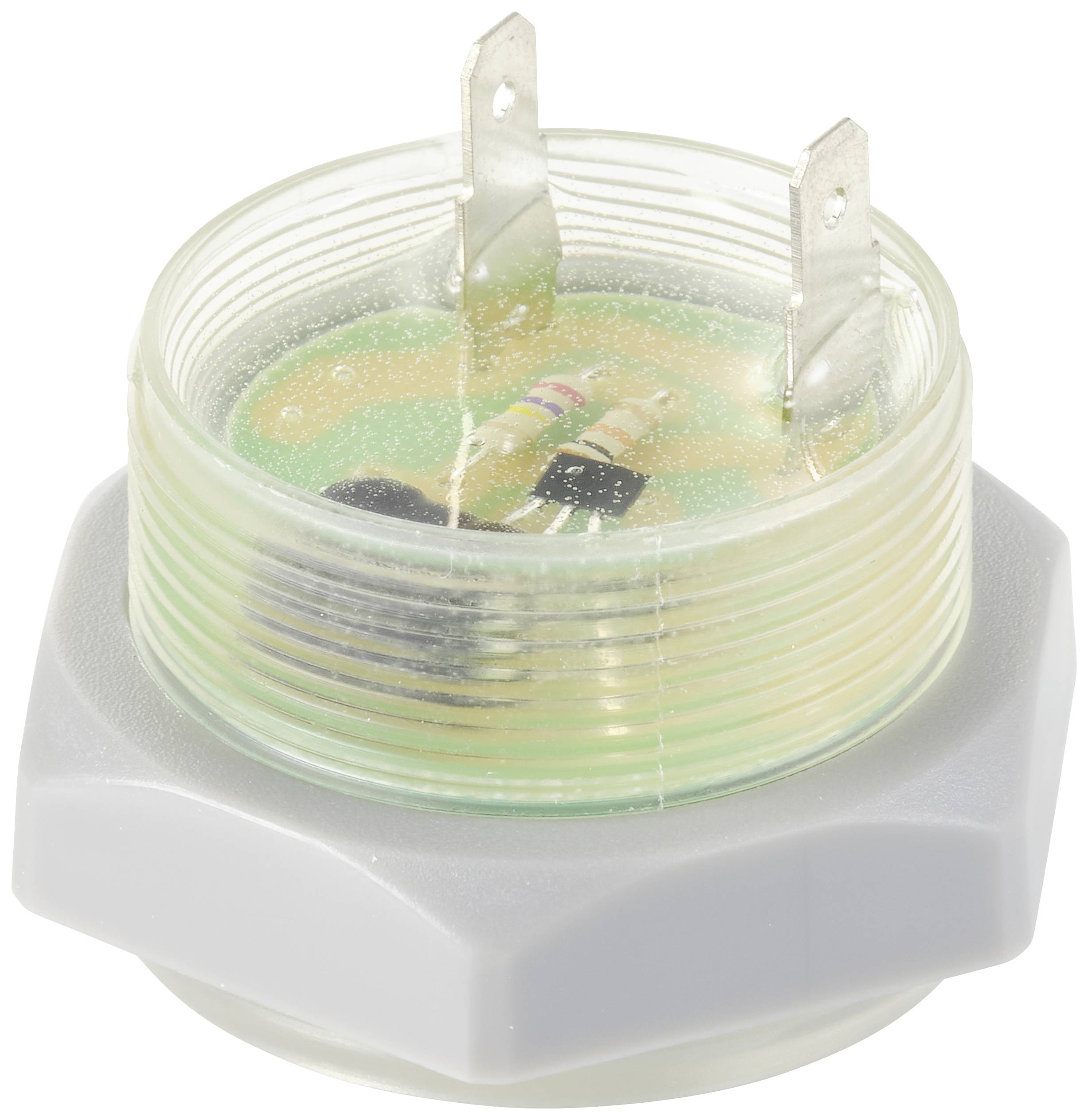 Electronic component with a plastic housing and two metal pins, likely a connector or sensor, on a white background.