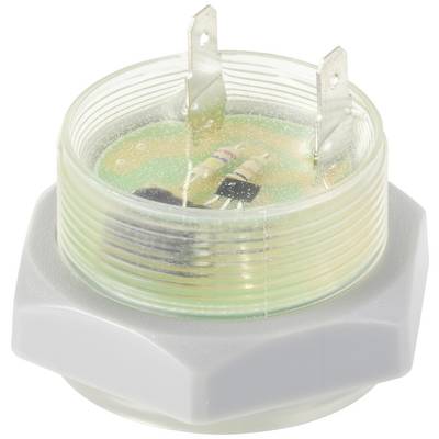 Electronic component with a plastic housing and two metal pins, likely a connector or sensor, on a white background.