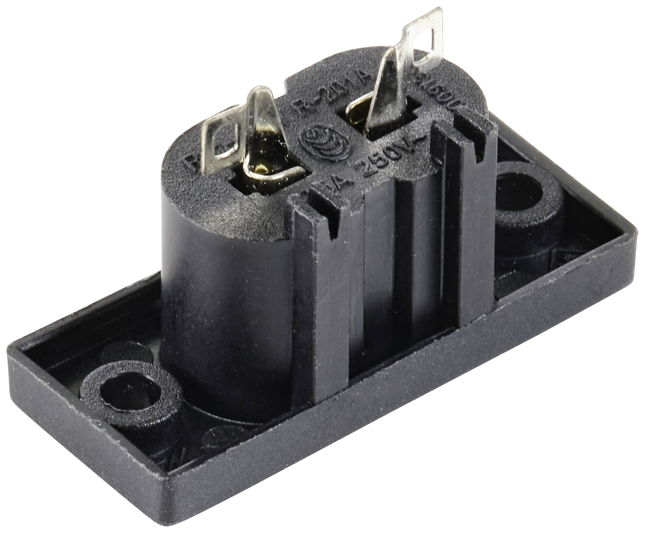 Black rectangular power socket, suitable for electronic devices, with two metal slots for power supply.