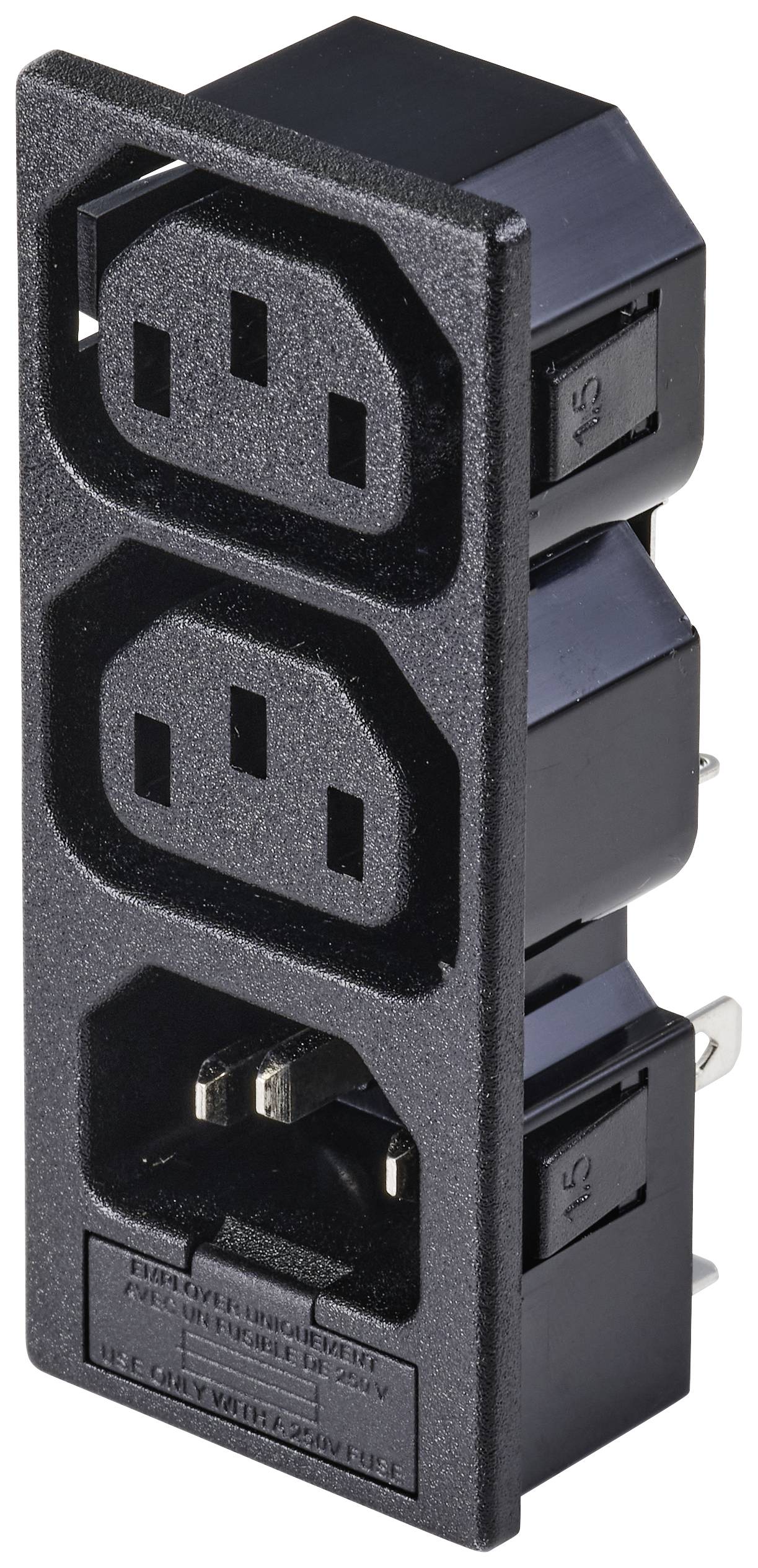 'Double socket for cold appliance plugs, black, three inputs, suitable for server or computer equipment.'