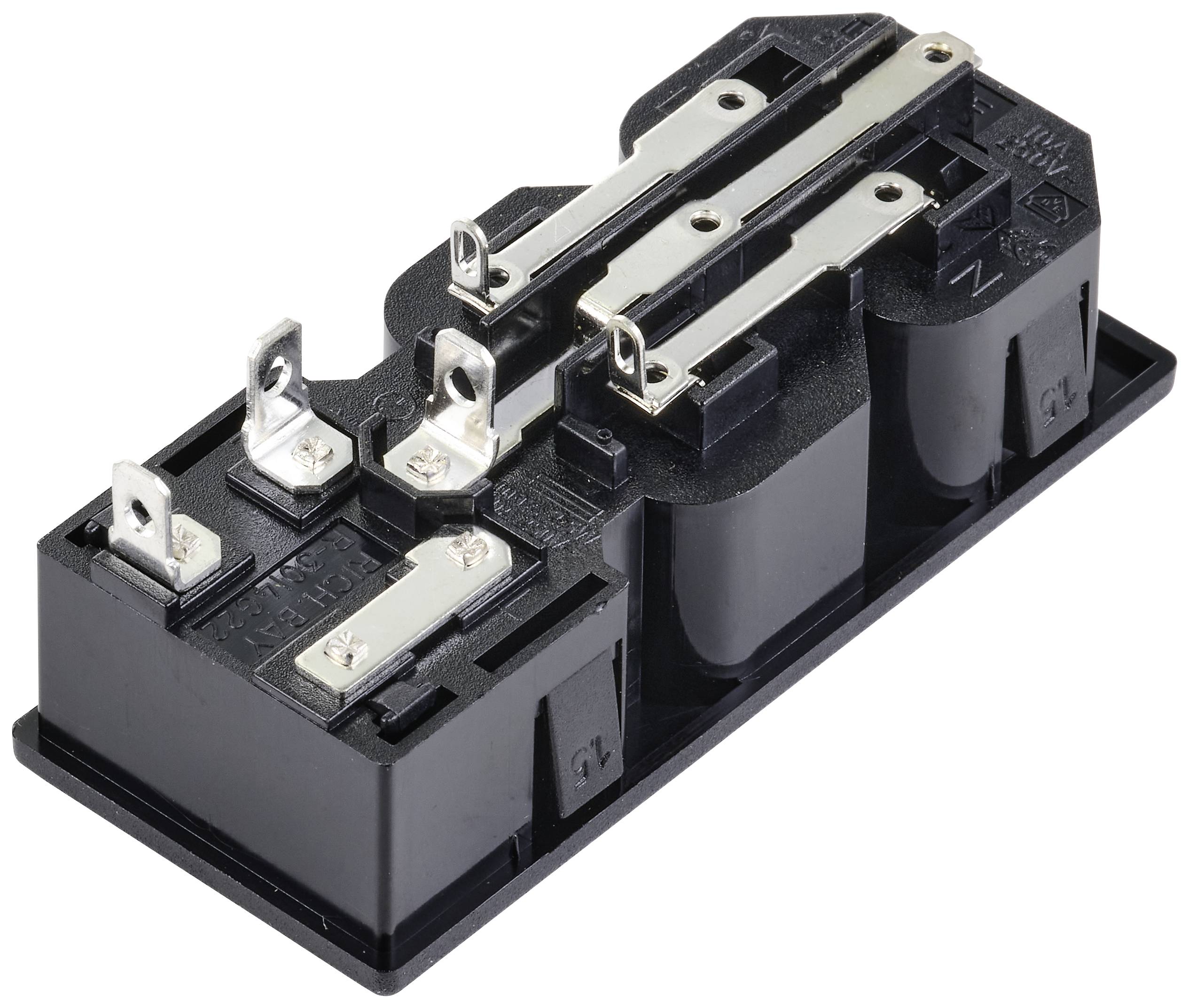 A black electrical component with multiple metal connections, likely serving as a relay or connector.