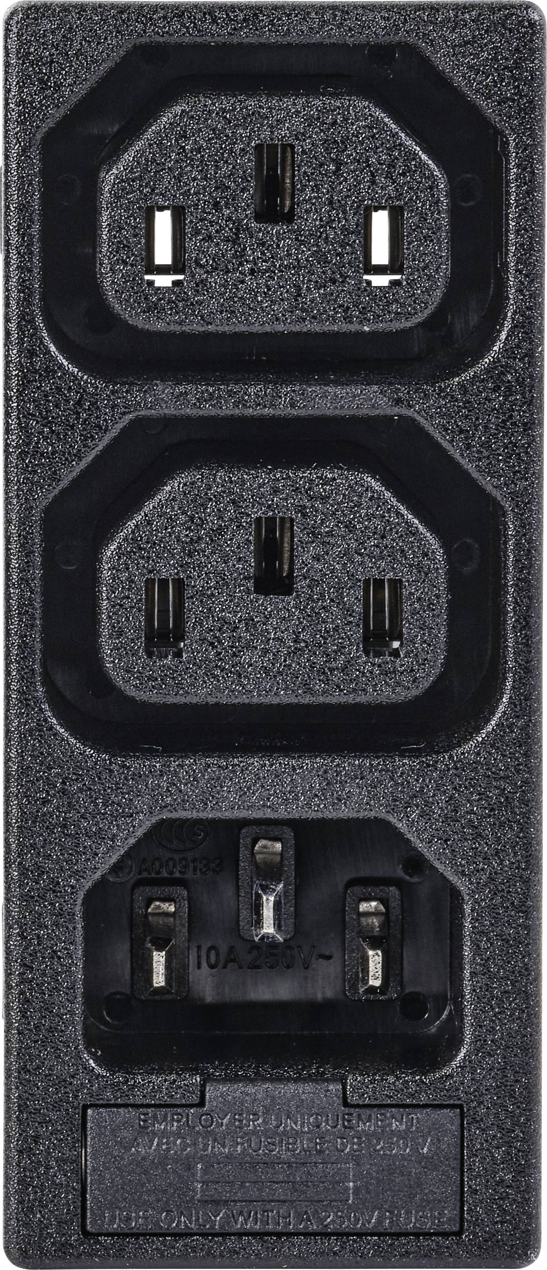 Two alternating current input sockets Type C14 (top) and one output socket Type C13 (bottom) on a power supply device.