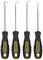 Four black handles with yellow 'Proxxon' lettering, with fine, curved metal tools attached; suitable for precision work.