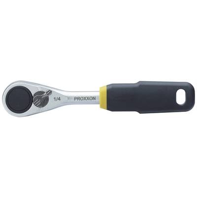 'Proxxon 1/4" Ratchet Spanner with black, ergonomic handle and yellow ring. Suitable for quickly loosening and tightening screws.'