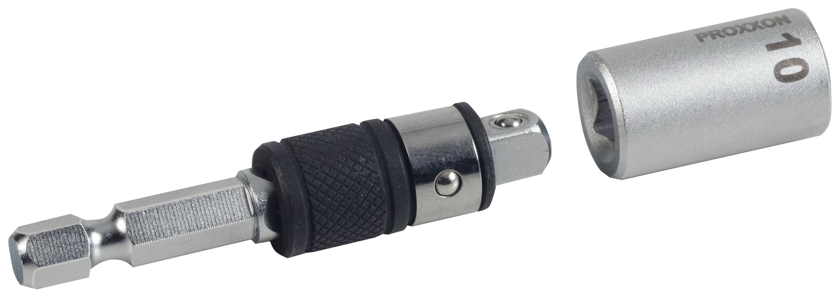 Bit key adapter with a black handle and silver sleeve, next to a silver socket with the inscription '10'.
