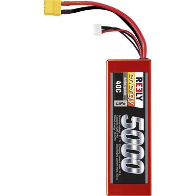 LiPo battery by Reely with 5000mAh and 11.1V. Suitable for high-performance applications. Red casing with connection cables and plugs.