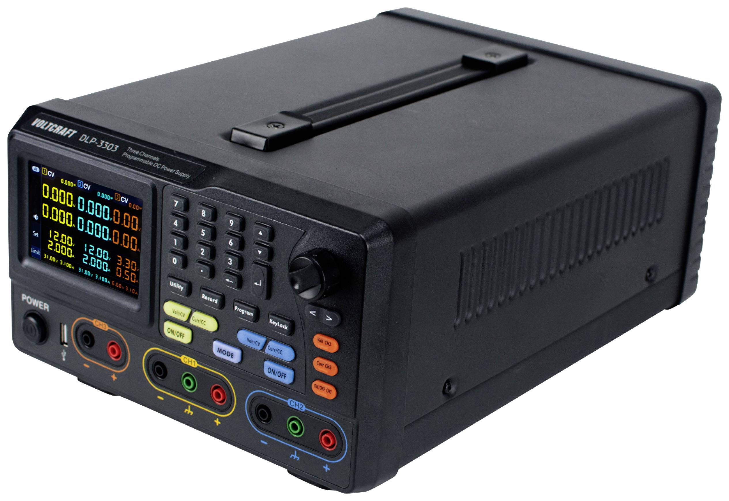 A black power supply unit with a display shows various voltage and current measurement values, buttons and connectors for electrical tests.