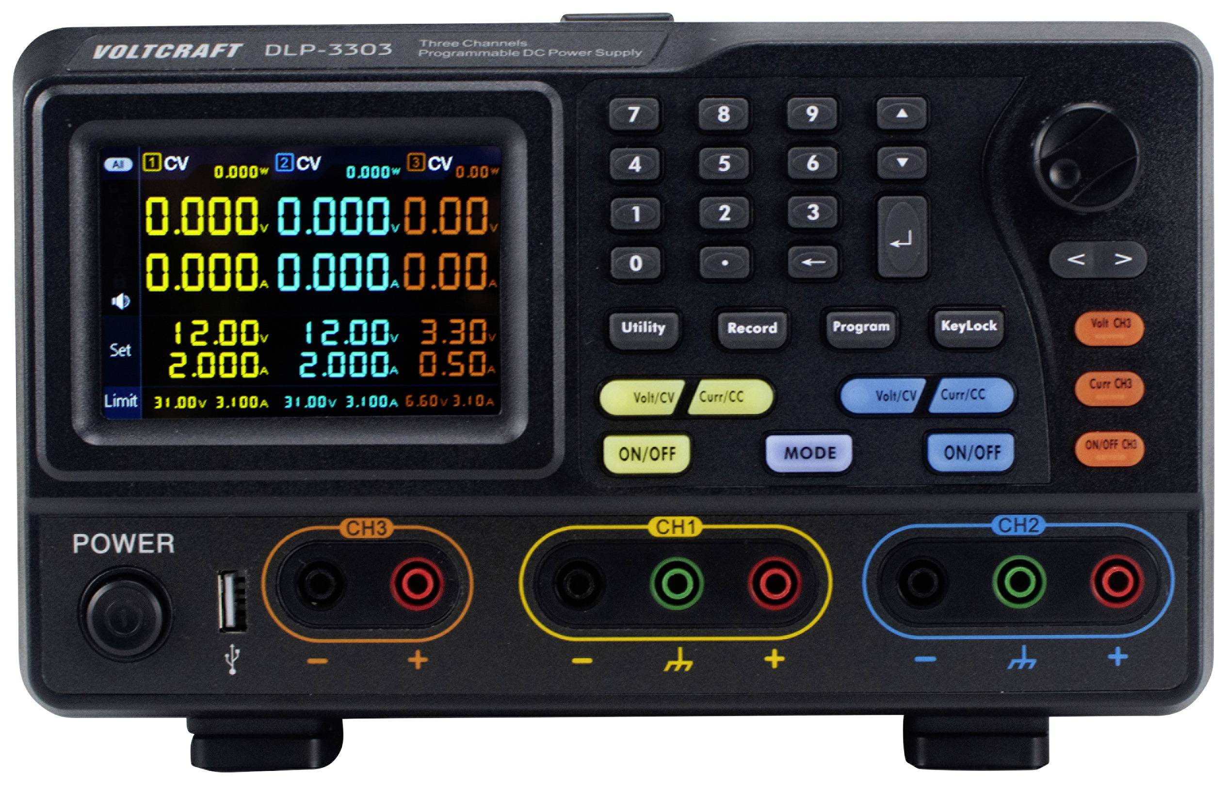 Digital laboratory power supply with display shows voltage and current values. Three channels, keypad for control, various connections.