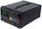 A black laboratory power supply unit with a digital display and control buttons, showing various electrical parameters.