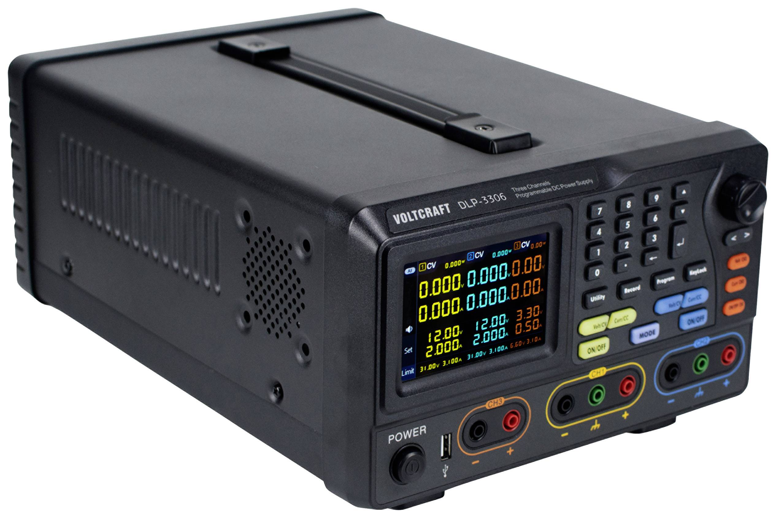 A black laboratory power supply with a digital display shows various voltage and current readings. Several buttons and connectors are visible.