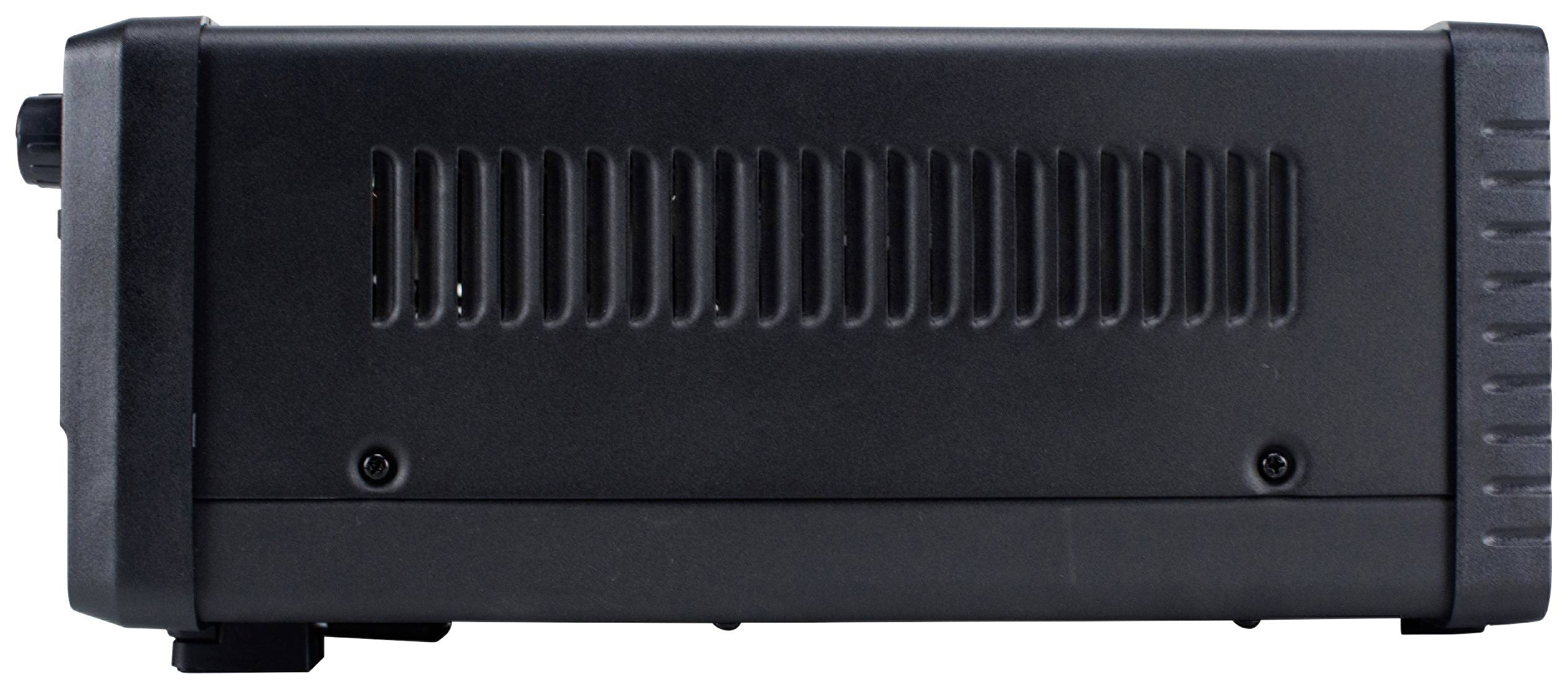 Black electrical device in rectangular shape with ventilation slots on the side. Side view shows casing without details.