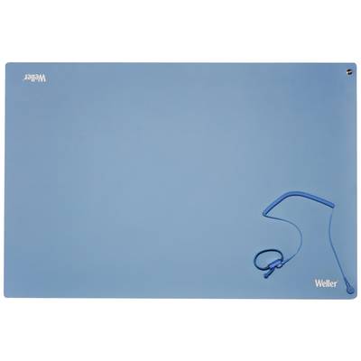 Blue soldering mat by Weller with cable holder in the bottom right corner.