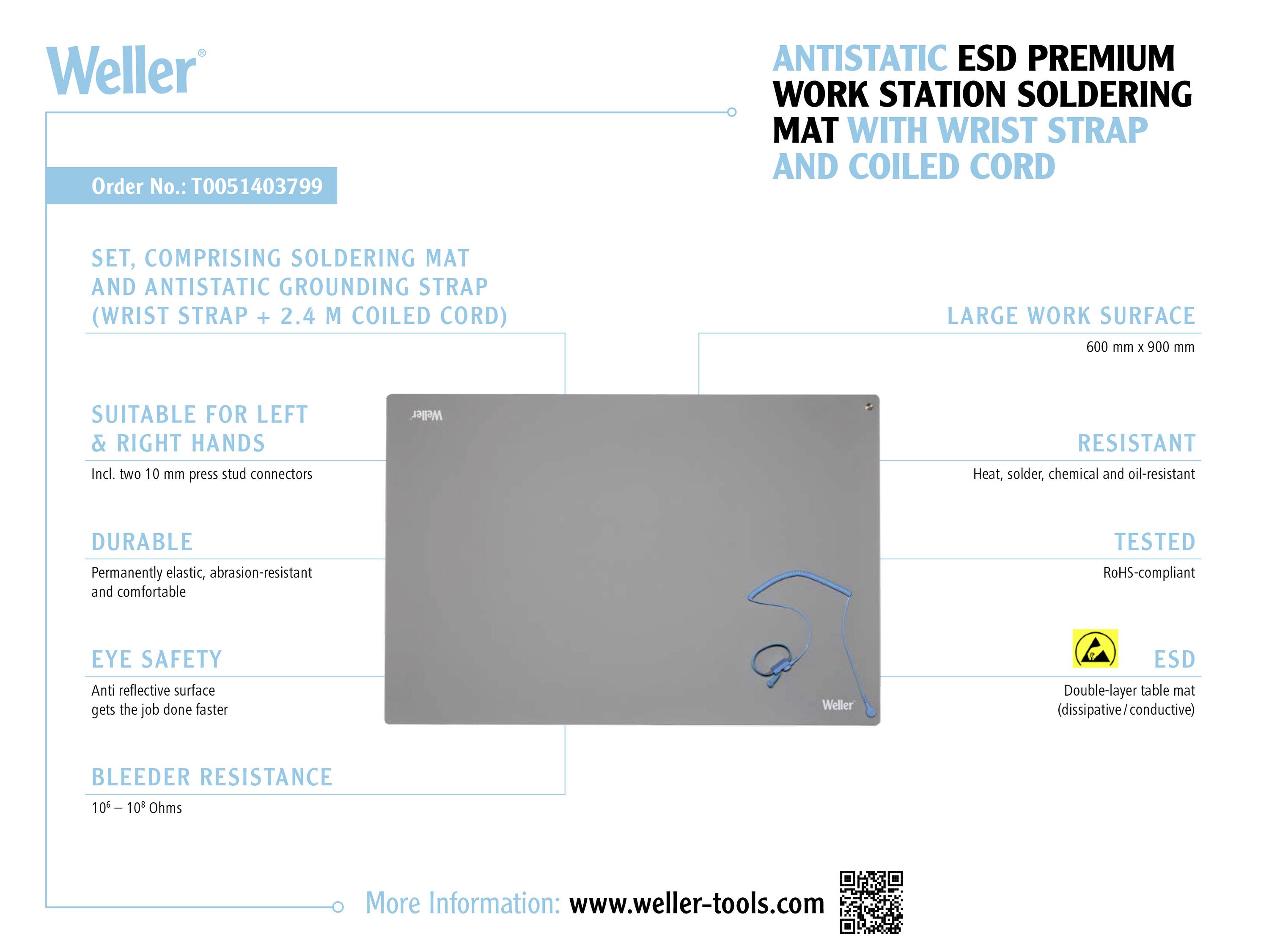 Weller Anti-Static Soldering Mat Set, including wristband and coiled cable. Size: 600 x 900 mm. Suitable for left- and right-handed users.