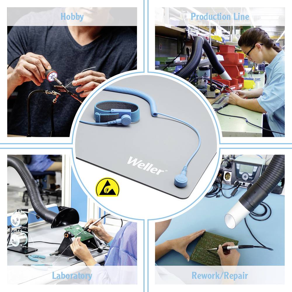 'Collage of four images featuring soldering stations: hobby, production lines, laboratory workstations, and workbenches. Weller brand in the centre.'