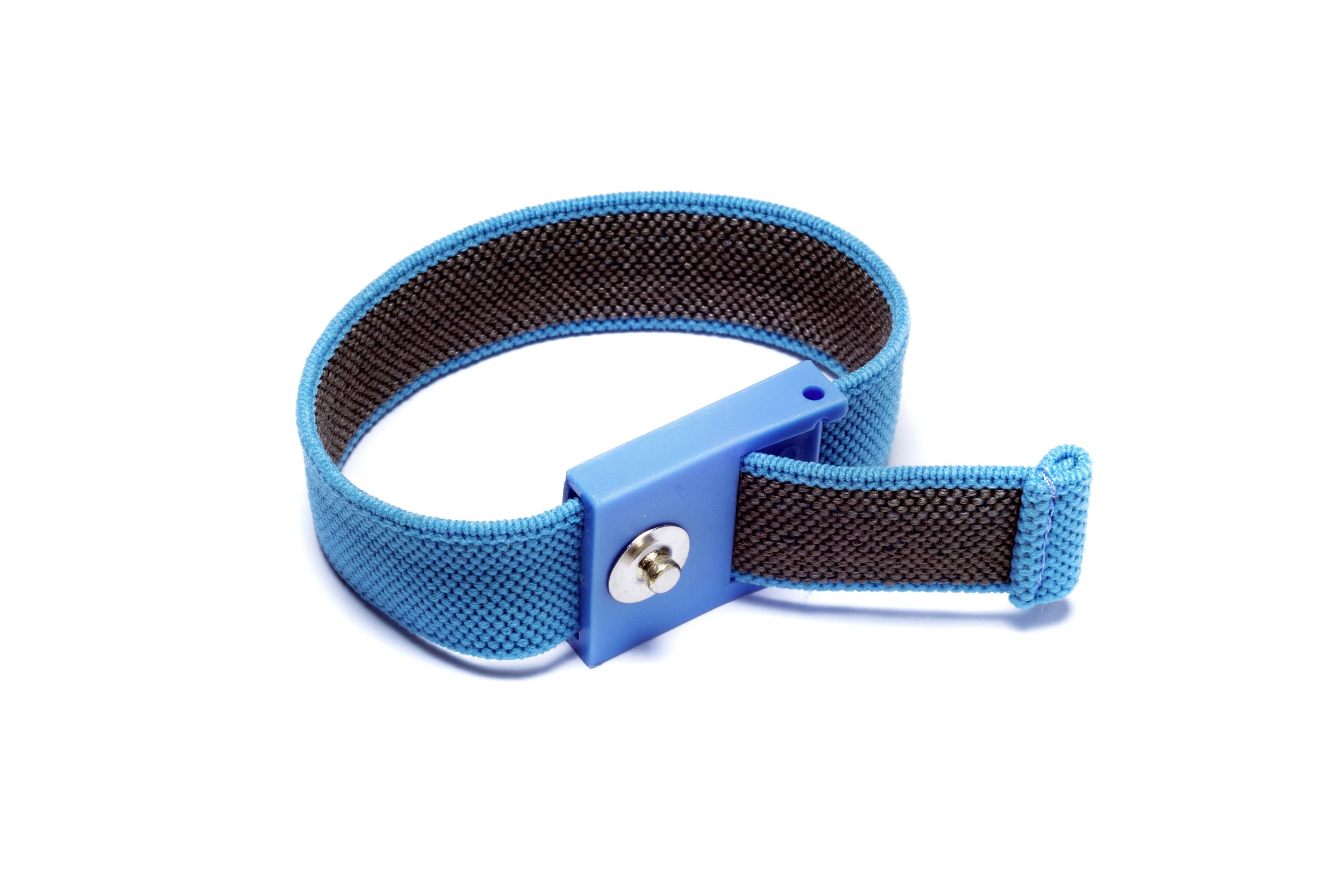 Blue anti-static wristband, used to dissipate static electricity during electronic repair work.