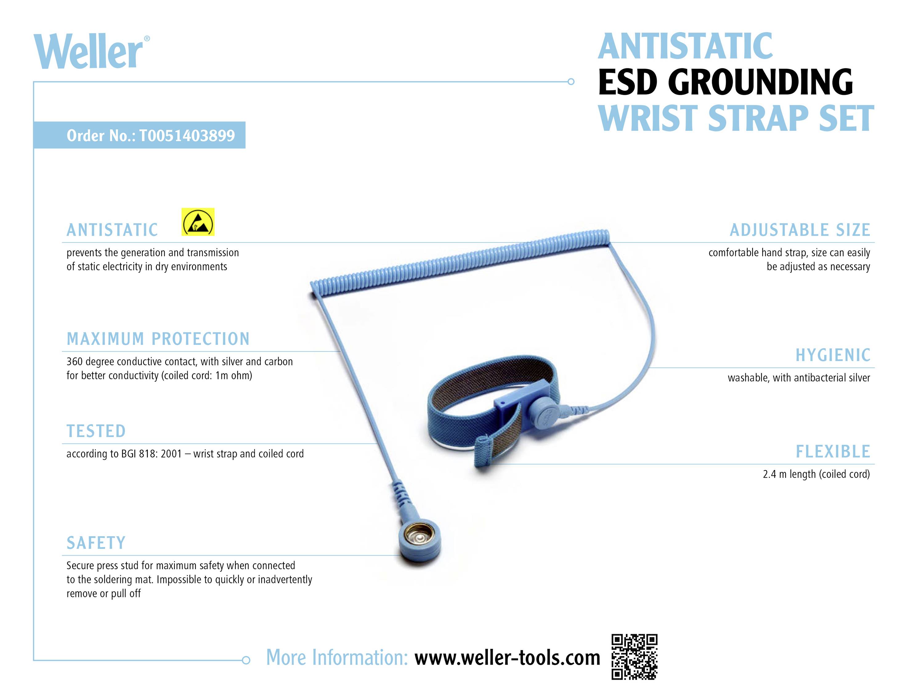 Weller anti-static ESD grounding wrist strap set with adjustable band, maximum protection and flexible lead for static discharge.