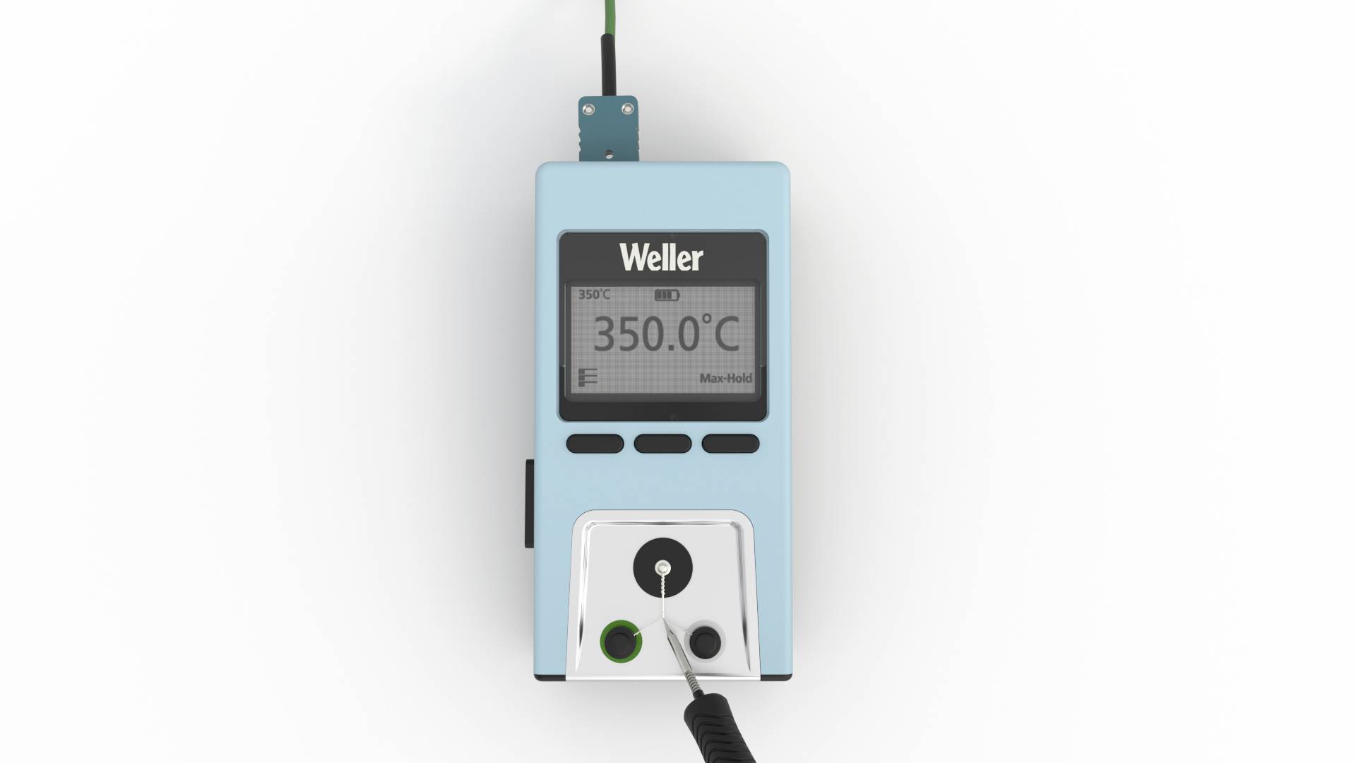 A Weller soldering iron controller shows '350.0°C' on the display. A soldering iron is connected.