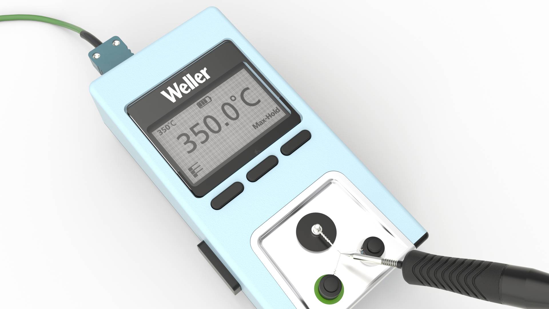 A digital soldering iron from Weller displays a temperature reading of 350.0°C. A soldering tip is connected and ready for use.